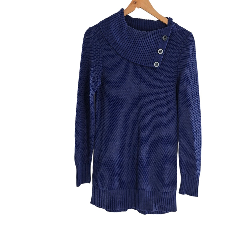 Ann Taylor Navy Blue Knit Sweater Tunic Asymmetrical Button Collar Small